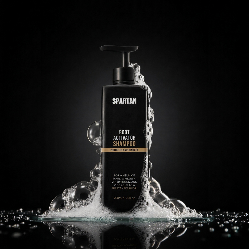 Spartan Root Activator Shampoo bottle surrounded by foam on a black reflective surface
