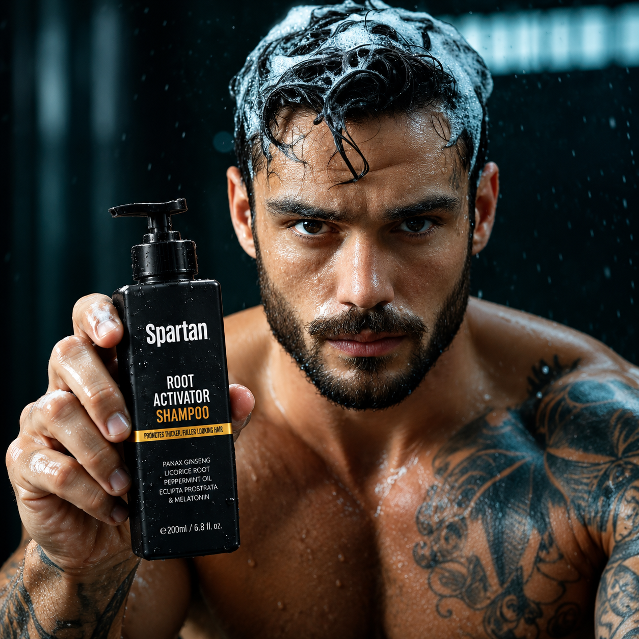 A man with lathered hair holding Spartan Root Activator Shampoo in the shower
