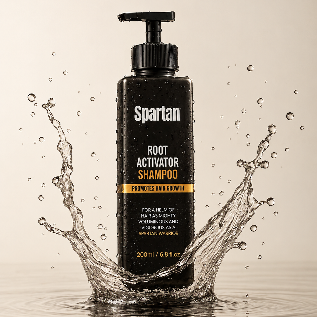 Spartan Root Activator Shampoo with water splashing around the bottle