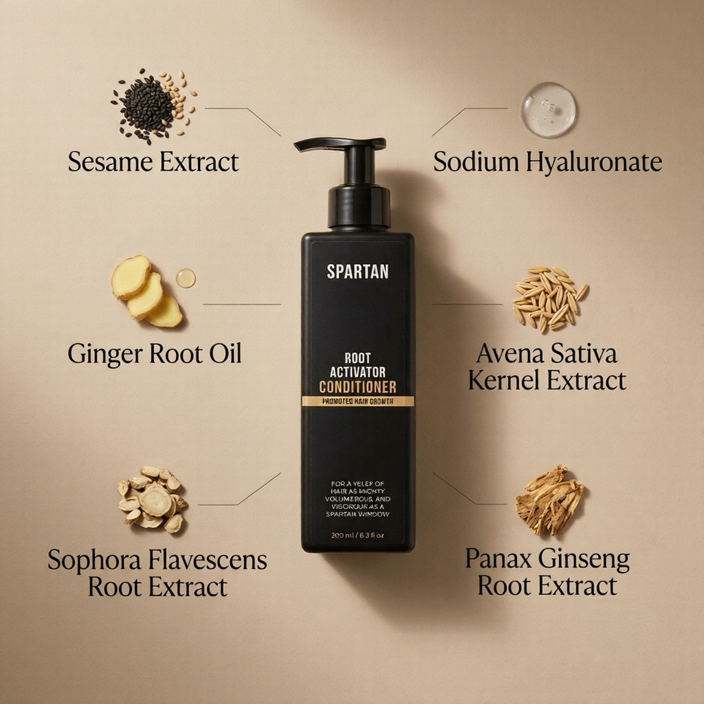 Spartan conditioner reference with six labeled ingredient callouts on a beige background